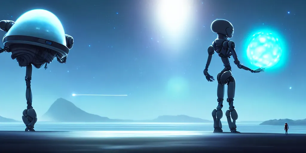 Image similar to an alien artificial intelligence surfing through cosmos, studio ghibli, pixar and disney animation, sharp, rendered in unreal engine 5, anime key art by greg rutkowski, bloom, dramatic lighting