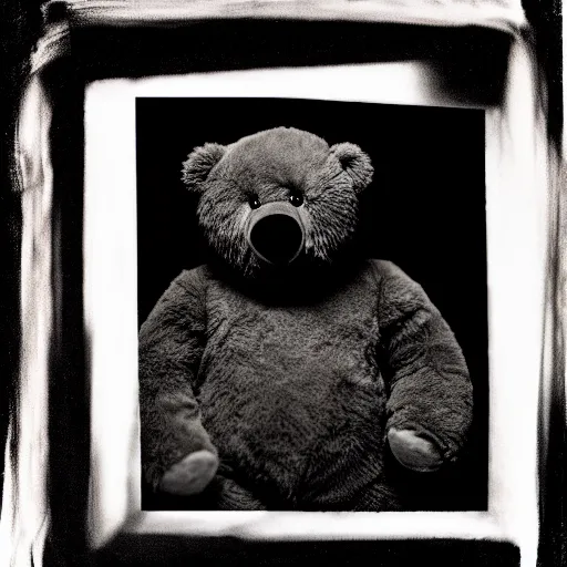 Image similar to a ( ( ( ( ( ( ( ( ( chiaroscuro lighting portrait ) ) ) ) ) ) ) ) ) ) of kanye west dressed as teddy bear mascot, black background, portrait by julia margaret cameron, shallow depth of field, 8 0 mm, f 1. 8