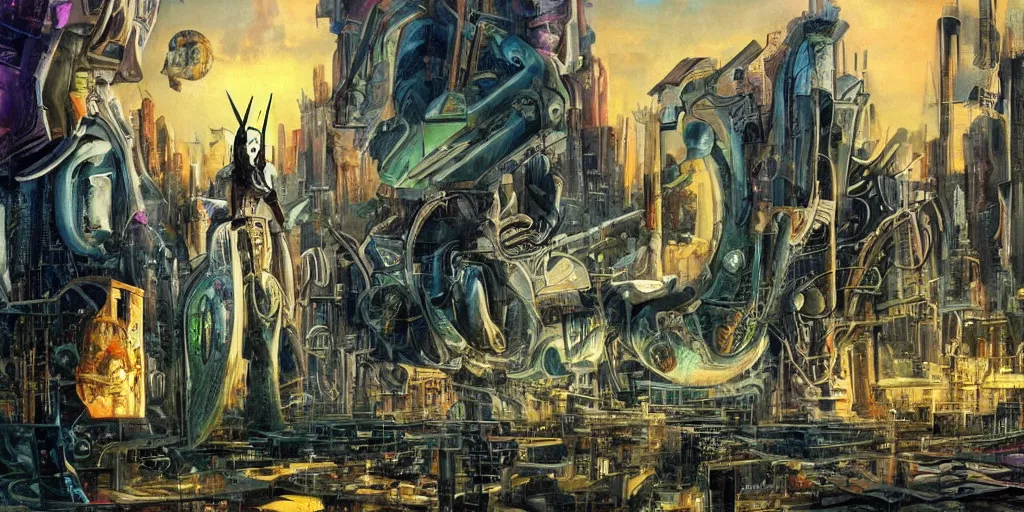 Prompt: unicorn in a futuristic cyberpunk town. By Dali, highly detailed