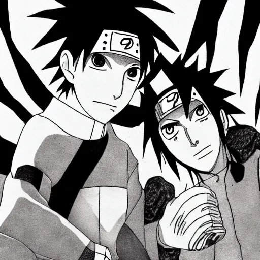 Image similar to Sasuke and Frank Zappa save Naruto manga panel award winning black and white art by Frank Zappa and Kishimoto highly detailed pen and ink matte painting