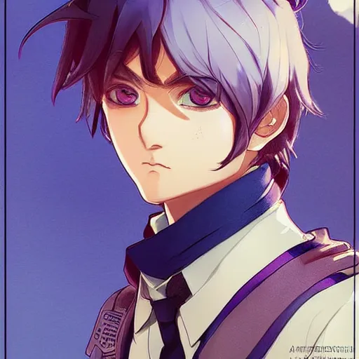 Image similar to small boy with back hair and blue purple eye, school uniform, anime style, hyper detailed, illustration, digital painting, art by artgerm and greg rutkowski and alphonse mucha, high delicate defined details, anime stylized, highly detailed