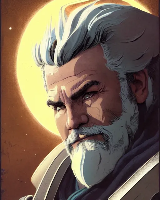 Prompt: reinhardt from overwatch, josh brolin, gray hair and beard, character portrait, portrait, close up, concept art, intricate details, highly detailed, vintage sci - fi poster, vintage sci - fi art, retro future, in the style of chris foss, rodger dean, moebius, michael whelan, and gustave dore