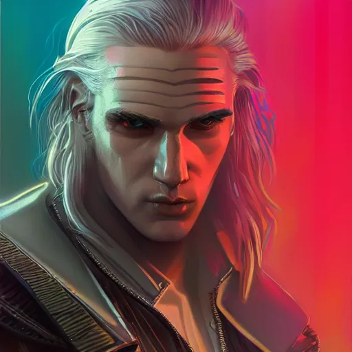 Prompt: Lofi vaporwave cyberpunk portrait of Geralt of Rivia, closeup, Tristan Eaton, Tom Bagshaw