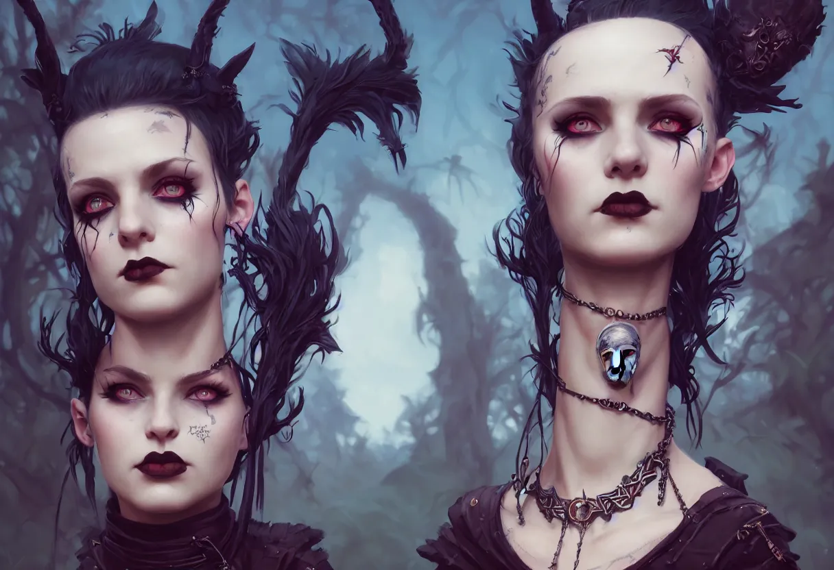 Image similar to beautiful extreme closeup portrait, goth girl, piercings collar, mohawk hairstyle, medieval dress. witch, makeup. unreal engine, greg rutkowski, loish, rhads, beeple, tom bagshaw, alphonse mucha, global illumination, detailed and intricate environment