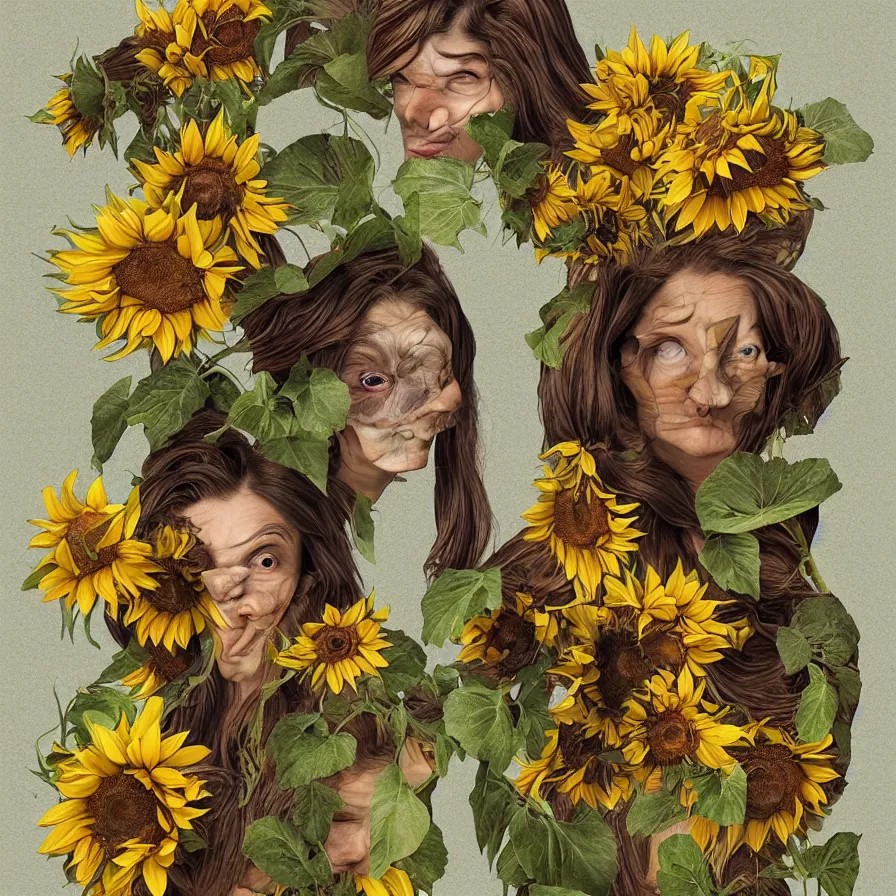 Prompt: Artwork illustrating human-sunflower hybrids in a surrealist style.