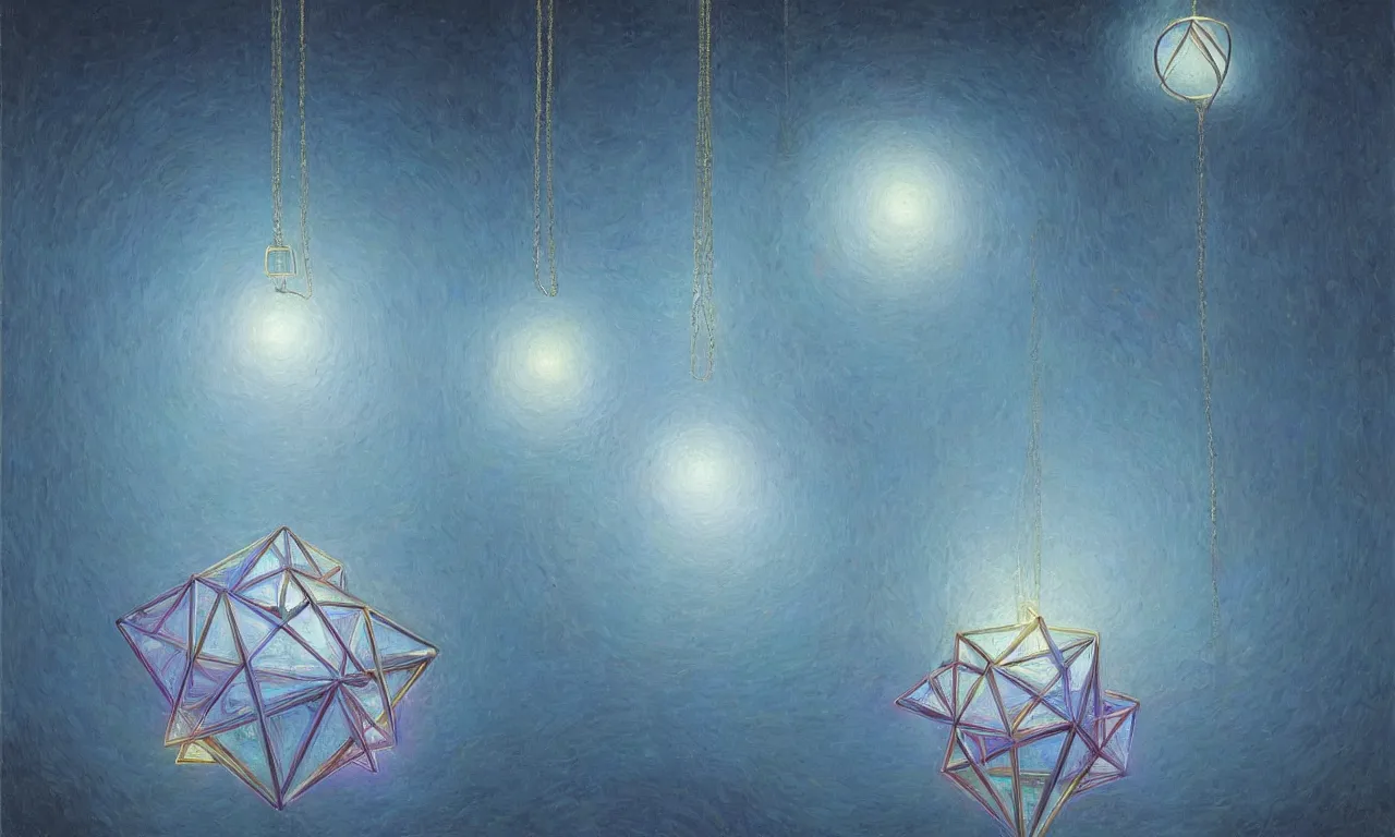 Image similar to a floating dodecahedron necklace of neon light, art by james gurney and greg rutkowski and rene magritte, surrealism by salvador dali, very detailed, high resolution, symmetry, volumetric lighting