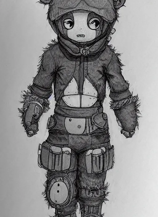 Image similar to beautiful little boy wearing an cyborg bear suit, artwork in kentaro miura and made in abyss and rosdraws, smooth, beautiful lightness, anatomically correct, trending on pixiv, forest