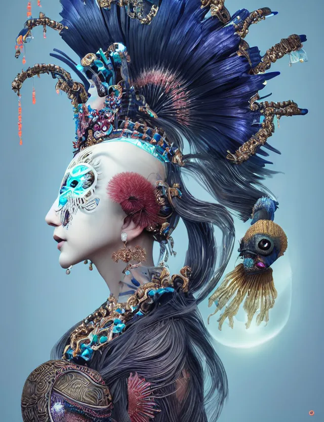 Image similar to 3 d goddess close - up profile portrait with crown, ram skull. beautiful intricately detailed punk japanese crow kitsune mask and clasical japanese kimono. betta fish, jellyfish phoenix, bio - luminescent, plasma, ice, water, wind, creature, artwork by tooth wu and wlop and beeple and greg rutkowski