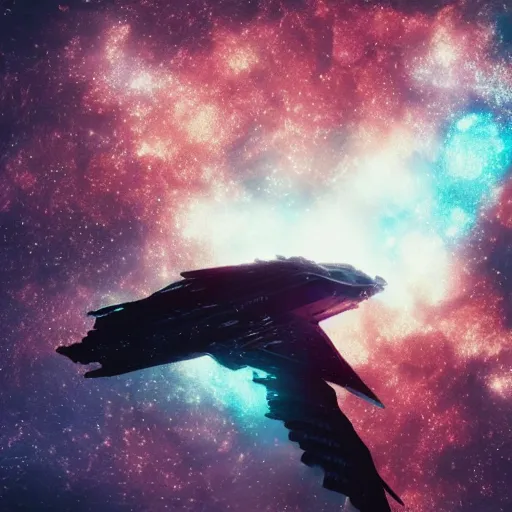 Image similar to huge klingon bird of prey in a nebula, shallow depth of field, moody lighting, single point of light, 8 k, ultra realistic, octane render,