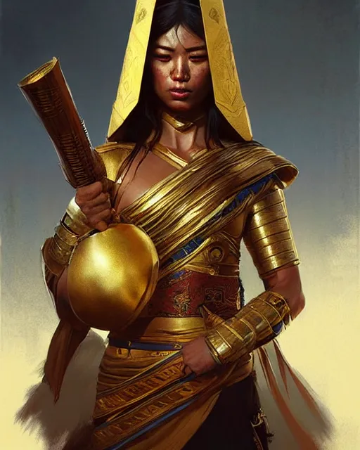 Image similar to eastern warrior with golden mask | | realistic shaded, fine details, realistic shaded lighting poster by greg rutkowski, magali villeneuve, artgerm, jeremy lipkin and michael garmash and rob rey