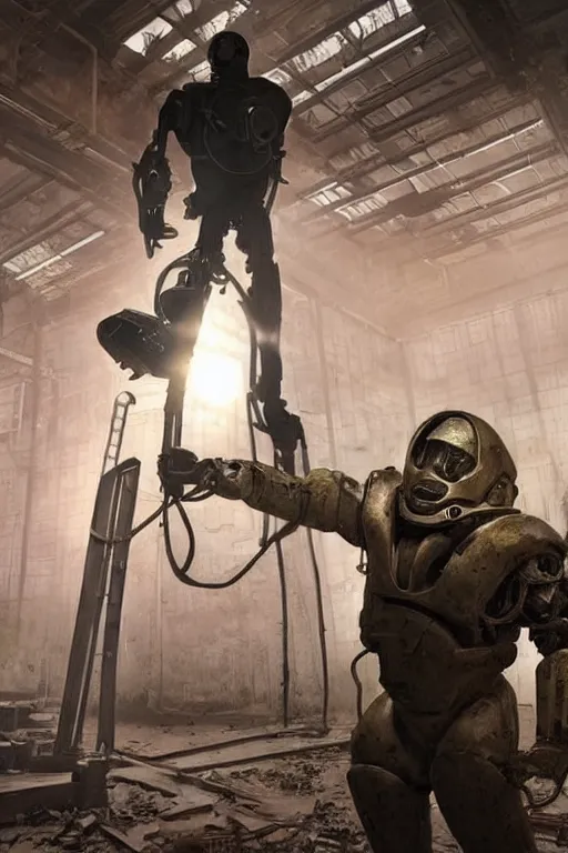 Image similar to a stalker in an exoskeleton with a detector in his hand from the game s.t.a.l.k.e.r stands next to a large translucent luminous sphere in an abandoned factory, realistic art