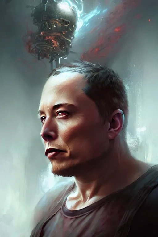 Image similar to character art by bastien lecouffe - deharme, elon musk, absolute chad