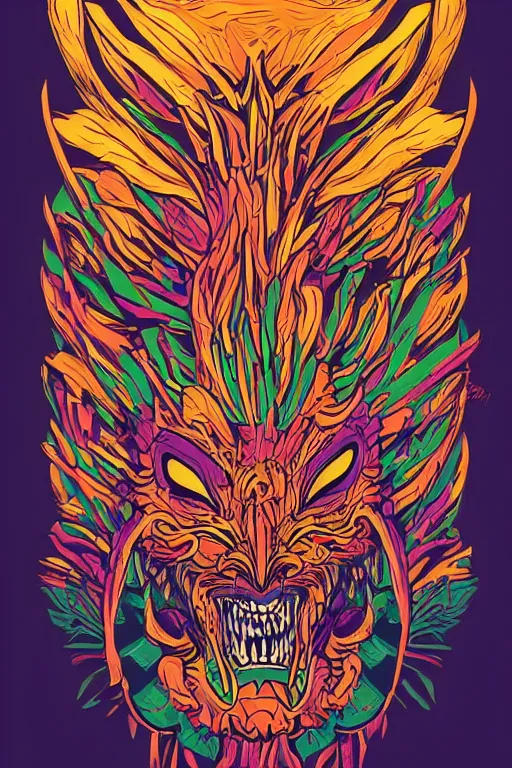 Image similar to animal mask totem roots flower tribal feather gemstone plant wood rock shaman vodoo video game vector cutout illustration vivid multicolor borderlands comics by josan gonzales and dan mumford radiating a glowing aura