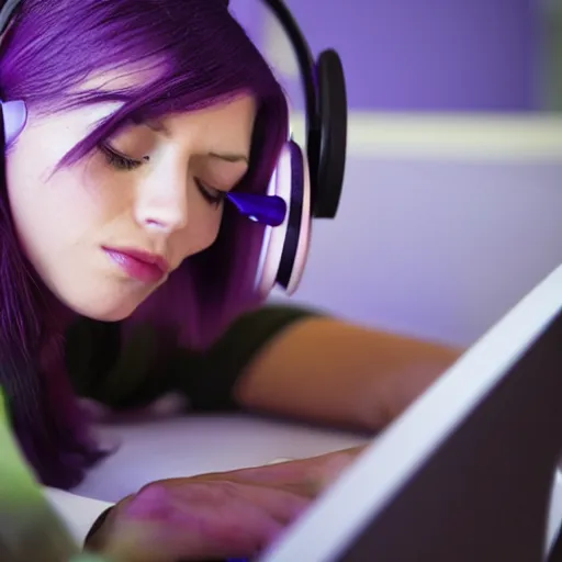 Image similar to beautiful purple - haired female sleeping at desk on computer, wearing headphones, by beeple in hyper realistic action still