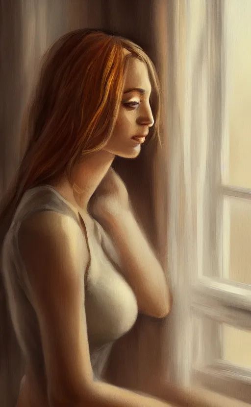 Image similar to oil painting of a beautiful woman in a cozy, comfort home, dimly lit, modern apartment, city from the window, insanely detailed, artstation, digital painting, cinematic lighting