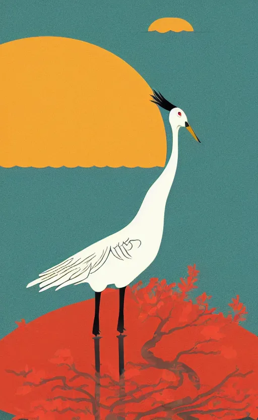 Image similar to hanafuda, portrait of huge japanese crane bird walking on a lake in the middle of japanese pines, a big red sun in the background, front game card, vector line art, trending on behance, concept art, stunning, matte