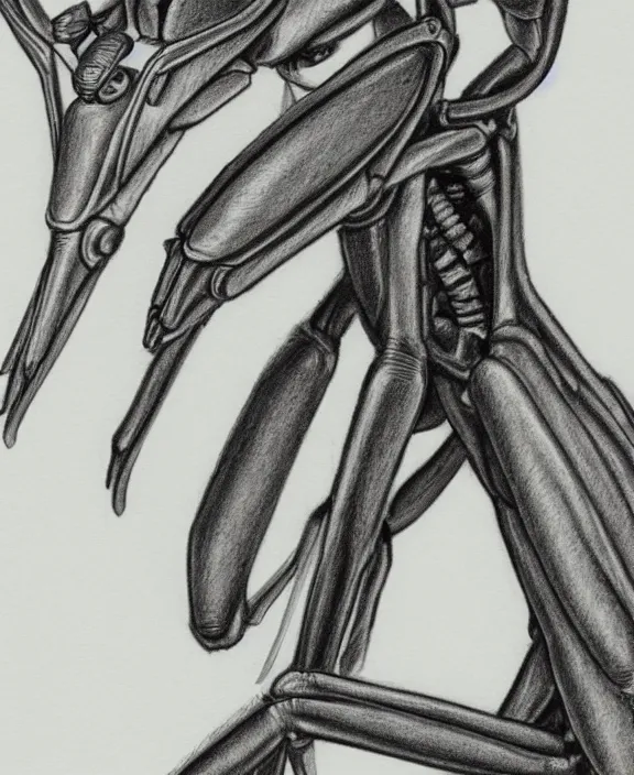 Image similar to a pencil drawing portrait of a cyborg praying mantis facing the camera