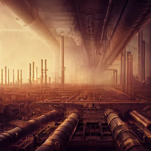Prompt: futuristic dystopian endless, intricate, complex, labyrinthine, byzantine, tangled, industrial megafactory complex, smokestacks, pipelines and ducts and vents, matte painting, steampunk, smoke, night, gloomy, dark, dramatic, cinematic, volumetric lighting, gods eye view