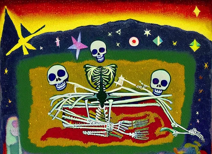 Image similar to pixel decollage painting tarot magician card composition wonky alien skeleton cook chef with knives on a horse in a dark green cloudy night sky with golden foil stars, occult symbols and tears, mountain lake and blossoming field in background, painted by mark rothko, helen frankenthaler, danny fox and hilma af klint, pixelated, neo expressionism