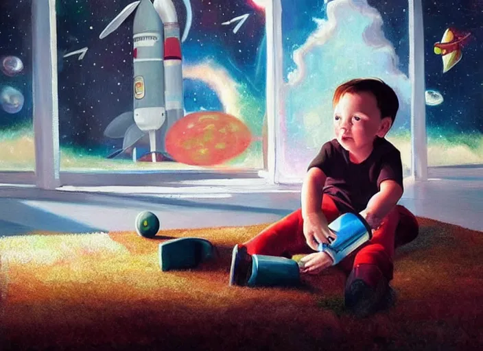 Prompt: toddler elon musk sittingon a shaggy rug playing with his space rockets, realistic painting, beautiful soft lighting, istvan sandorfi