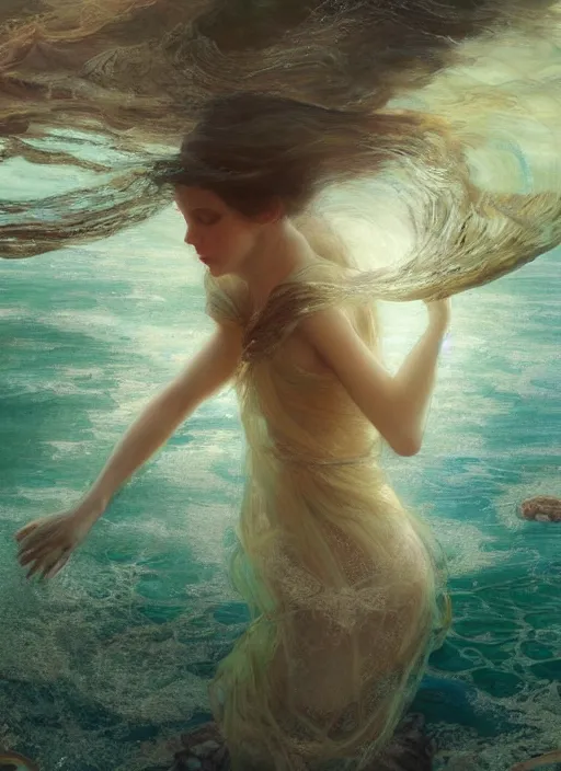 Prompt: hyper realist matte digital painting of the ocean, underwater, jugendstill, flowing fabric, bubbles rising, seaweed, fairytale, fantasy art, photo realistic, dynamic lighting, artstation, volumetric lighting, by mucha, by charlie bowater, by karol bak, by alma tadema