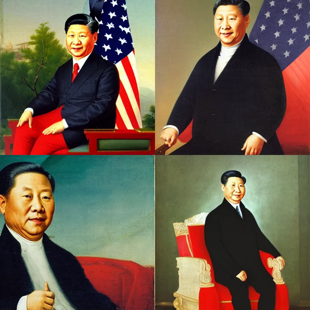 Prompt: official portrait of United States President Xi Jingping, 1792, oil on canvas, American Flag waving in the background