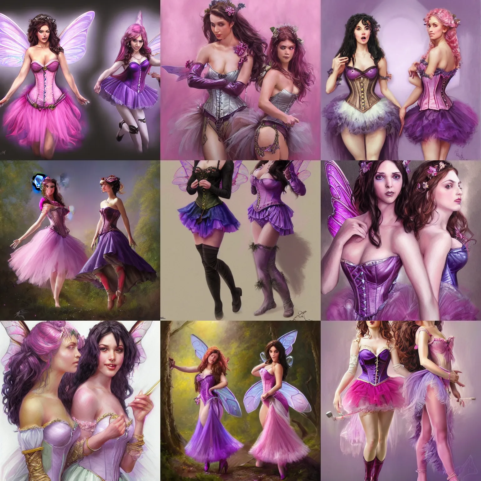 Prompt: two brunette fairy women, wearing pink corsets and purple tutus, d & d, fantasy, highly detailed, digital painting, trending on artstation, concept art, sharp focus, illustration, art by artgerm and greg rutkowski and magali villeneuve