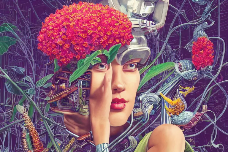 Prompt: evangelionic illustration, gigantic girl head, a lot of exotic vegetation, trees, tremendous pleasure robot, flowers, oldschool vintage sci - fi flat surreal design, super - detailed, oil painting by unji ito, tristan eaton, victo ngai, artgerm, rhads, ross draws,, hd, 4 k, high quality