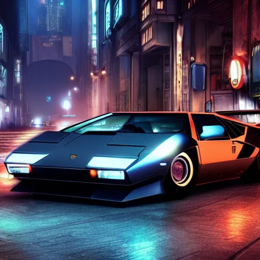 Prompt: a Lamborghini countach in a cyberpunk city, photorealistic, HDR, 4k, wallpaper, epic, Cinematic, ray-traced, 8k, unigine render