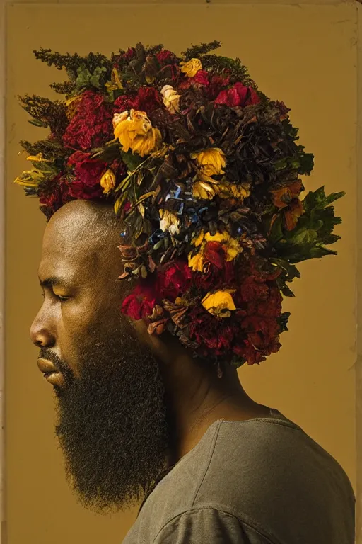 Image similar to an African American man's face in profile, long beard, made of flowers and fruit, in the style of the Dutch masters and Gregory crewdson, dark and moody