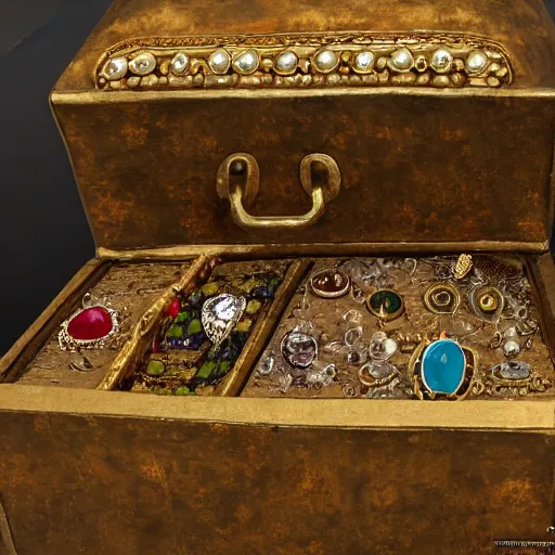 Image similar to A Dunmer chest filled with jewels and golden artefacts, 4k, hdri, museum quality photo