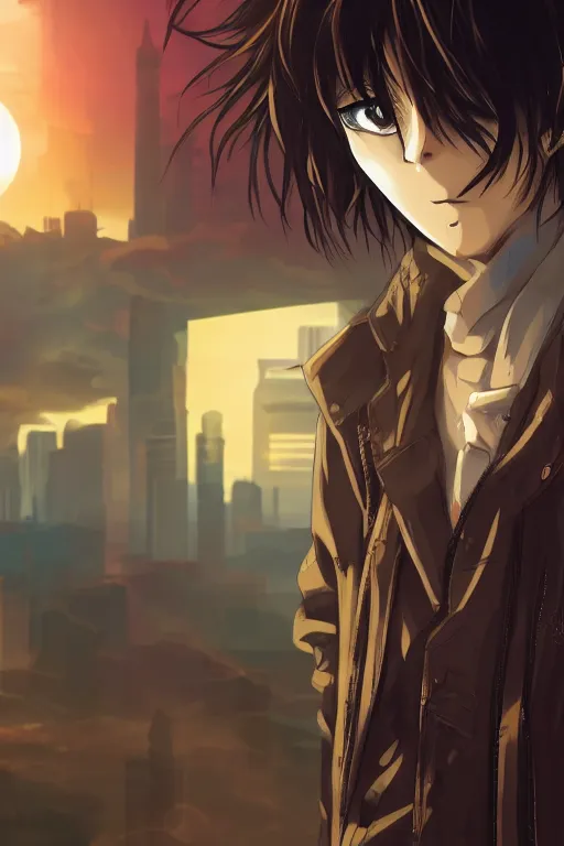 Image similar to beautiful anime man in a cyberpunk environment, sunset, very accurate and detailed, 8k