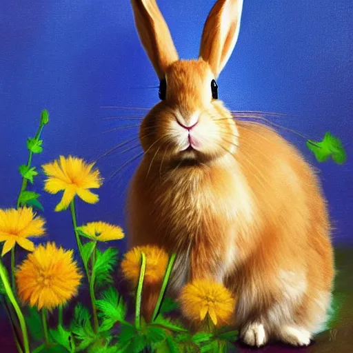 Image similar to The rabbit in the picture looks cute and playful. It has big, fluffy ears and a long, furry tail. Its fur is a light brown color, and its eyes are a bright blue. The background of the picture is a gentle green, and there are flowers blooming around the rabbit. painted by Gabriel Dawe