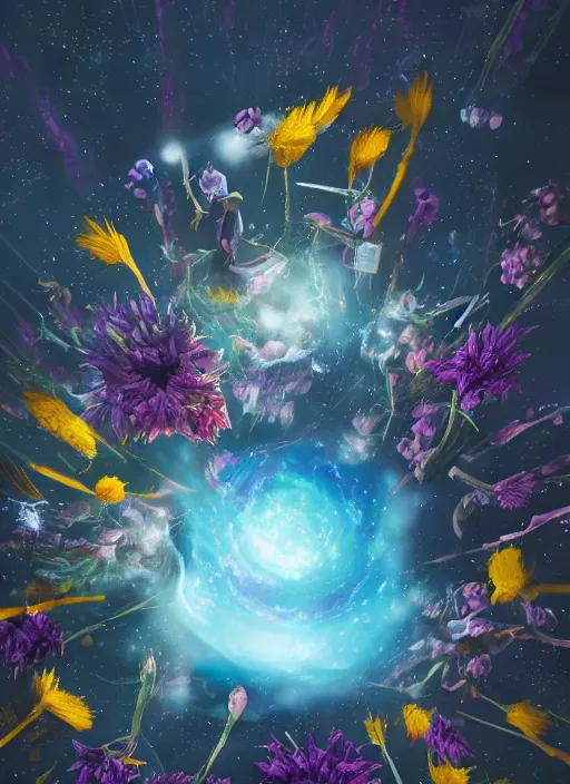 Image similar to An epic fantastic realism comic book style painting of the most beautiful entwined flowers launched across the dark galactic night sky, nebulous bouquets, fisheye lens, unreal 5, DAZ, hyperrealistic, octane render, dynamic lighting