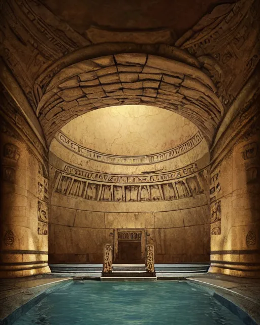 Image similar to greg rutkowski digital painting of an ornate and royal egyptian antechamber tomb, a circular pool in the tomb showing the galaxy, unreal engine, hyper realism, realistic shading, cinematic composition, blender render, octane render, hdr, detailed textures, photorealistic, ultrawide shot, 3 5 mm film