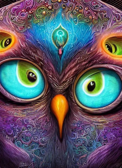 Prompt: a portrait of a psychedelic cat owl figure by naoto hattori, android jones and chris dyer, deep bold colors, galactic entity, depth of field, intricate beautiful painting, billions of details, octane render, portal, 8 k, detailed vector, trending on artstation, cgisociety, wow!!!!!!!!!!