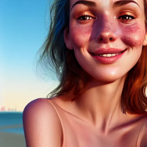 Image similar to portrait of a cute thin young woman, red blush, cute freckles, smug smile, modern clothes, relaxing on the beach, golden hour, close up shot, 8 k, art by irakli nadar, hyperrealism, hyperdetailed, ultra realistic