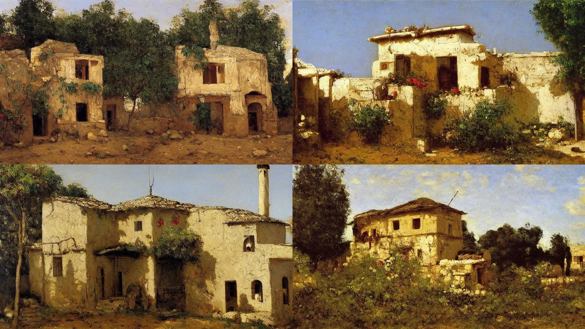 Prompt: High-Quality realist painting of a traditional Syrian house by Gustave Courbet, colorful house, very detailed, oil on canvas.