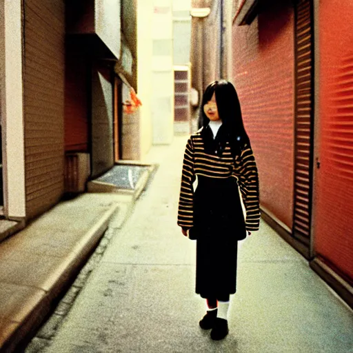 Prompt: 1990s perfect 8K HD professional cinematic photo of a japanese schoolgirl, in sci-fi alleyway at evening, at instagram, Behance, Adobe Lightroom, with instagram filters, depth of field, taken with polaroid kodak portra