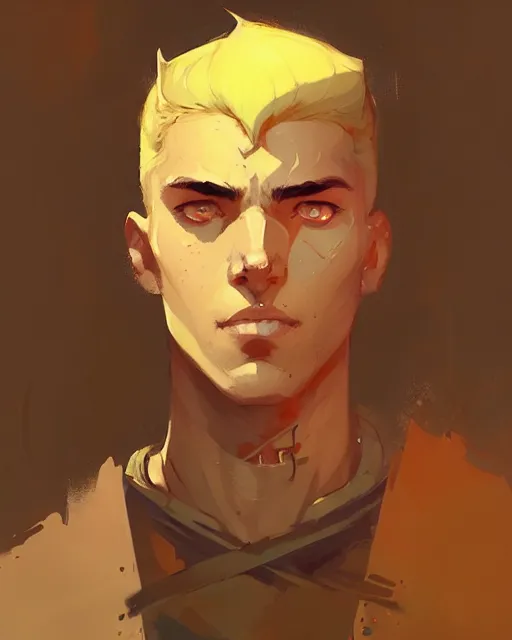 Image similar to portrait of beautiful male warrior by atey ghailan, by greg rutkowski, by greg tocchini, by james gilleard, by joe fenton, by kaethe butcher, dynamic lighting, gradient light yellow, brown, blonde cream and white color scheme, grunge aesthetic