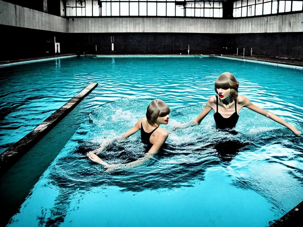 Image similar to taylor swift swimming inside a disgusting abandoned swimming pool liminal space nostalgia grey black mould