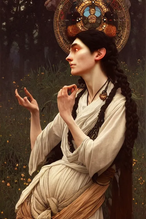 Image similar to ultra realistic, thin man in peasant clothes, black hair, brown eyes, occult jewelry, fantasy, intricate details, eerie, highly detailed, octane render, 8 k, art by artgerm and alphonse mucha and greg rutkowski