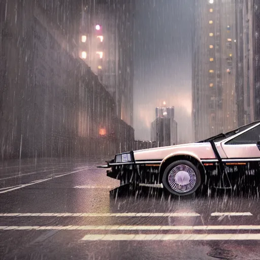 Image similar to hyperdetailed, photorealistic photograph of a dmc 1 2 delorean driving in the streets, rain, night, dense fog, hd, unreal engine 5