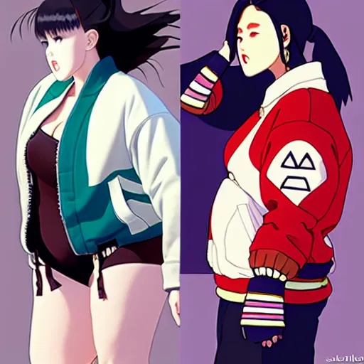 Image similar to a beautiful plus sized model japanese natalie portman, alluring, wearing oversized mayan bomber jacket and leotard with overalls, bulky poofy bomber jacket with mayan patterns, aztec street fashion, gapmoe yandere grimdark, trending on pixiv fanbox, painted by greg rutkowski makoto shinkai takashi takeuchi studio ghibli, akihiko yoshida