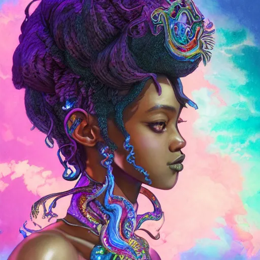 Prompt: the portrait of an absurdly beautiful, graceful, elegant, gorgeous, sensual black young anime goddess made of rainbow crystals, an ultrafine hyperdetailed illustration by kim jung gi, irakli nadar, intricate linework, bright colors, octopath traveler, final fantasy, unreal engine 5 highly rendered, global illumination, radiant light, intricate environment, 8 k