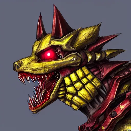 Image similar to digital drawing of a yellow monster dog with iron armor and fangs protruding from its snout, concept art, hyper detailed, global light, painted, yellow and red, low contrast, lowlights, hdr 8 k, by artgerm