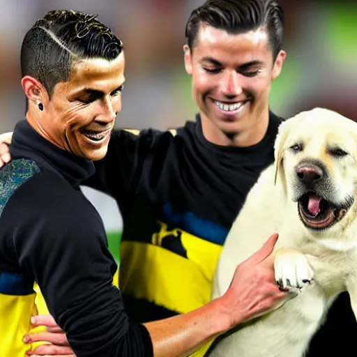 Prompt: cristiano ronaldo hugging a labrador retriever