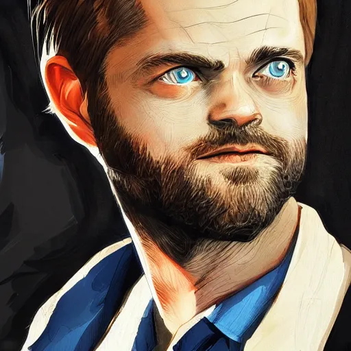 Image similar to beautiful portrait of a man with a short-beard blue eyes(looking like joshua jackson and aaron paul, sean bean), in the style of Enki Bilal and Joe Jusko and Alex Ross, backlit, trending on artstation