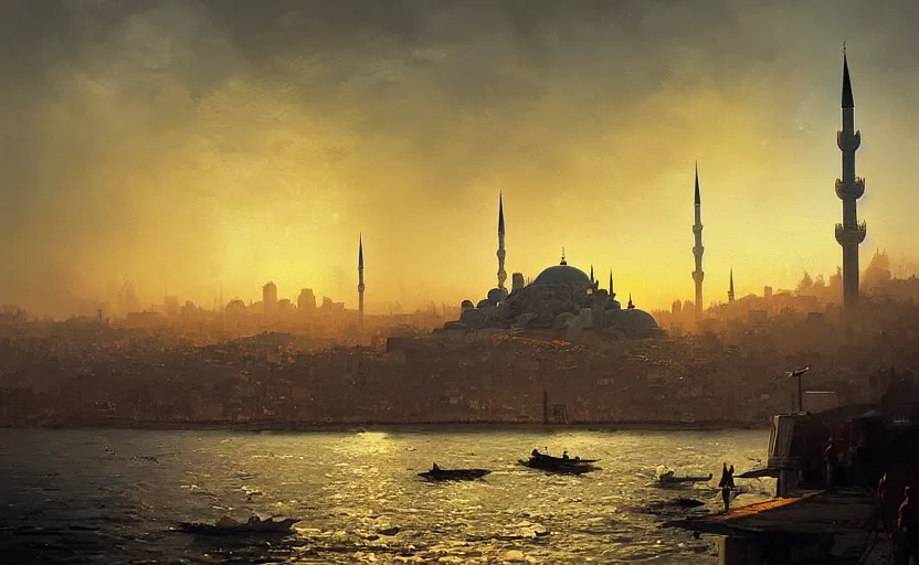 Prompt: painting of skyline of istanbul at sunset, natural light, concept art, by greg rutkowski, cozy atmospheric and cinematic lighting