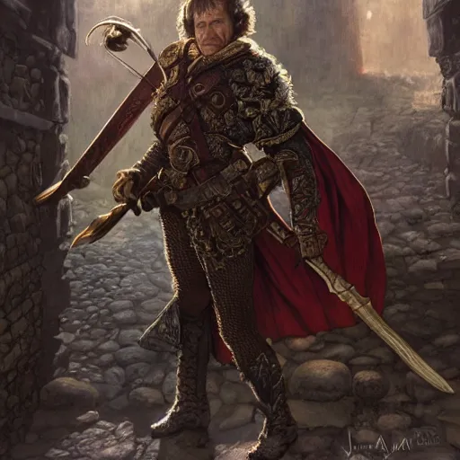 Image similar to an ultradetailed portrait of robin williams dressed as a fantasy rogue, sneaking in shadows of a dark alley, d & d, fantasy, intricate, elegant, highly detailed, digital painting, matte, sharp focus, illustration, plate armor, god rays, art by john collier and albert aublet and krenz cushart and artem demura and alphonse mucha